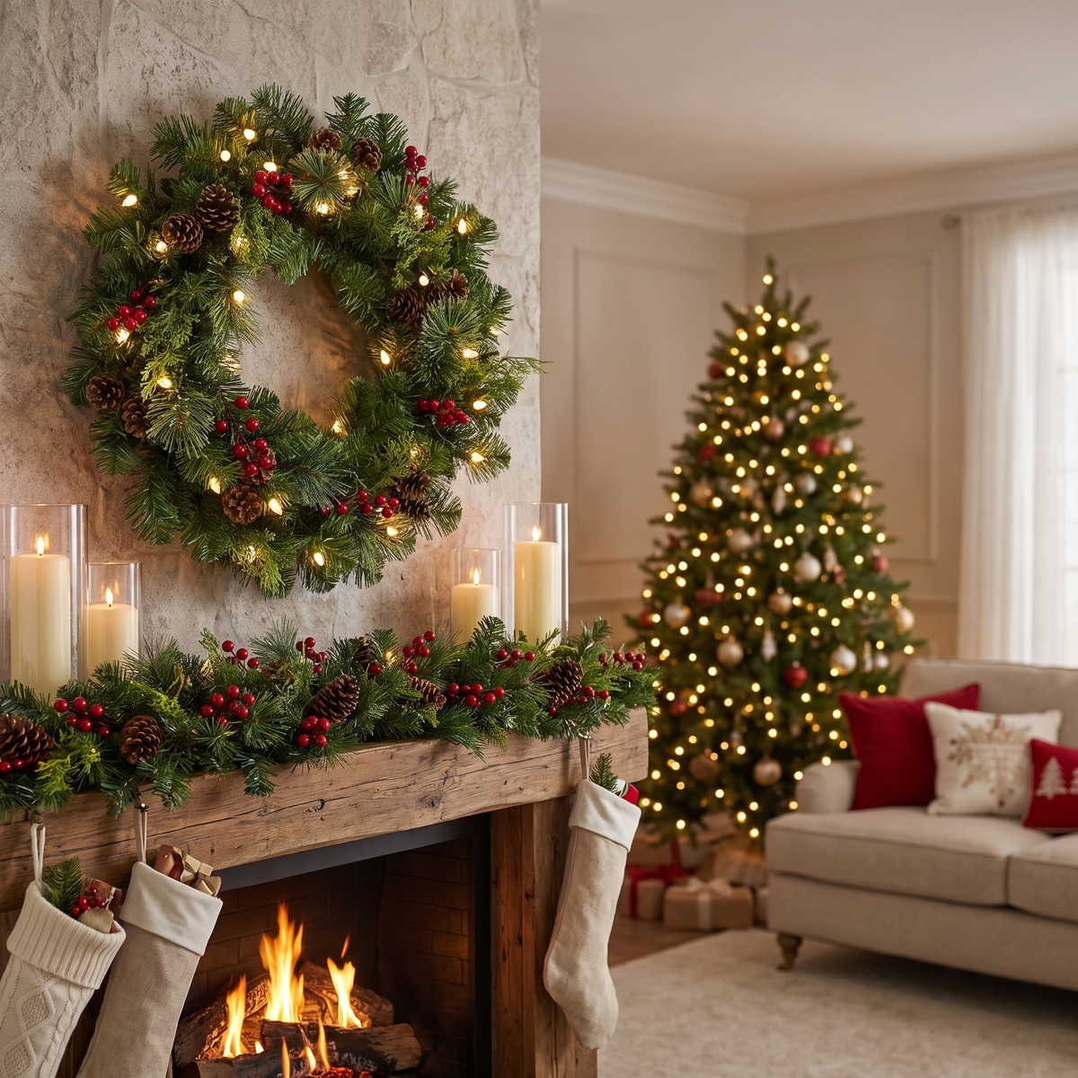 Pre-Lit Evergreen Pinecone & Berry Christmas Wreath – 71cm – styled in a room