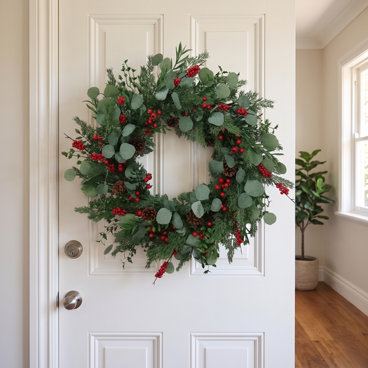 Eucalyptus Evergreen Christmas Wreath with Red Berries – 71cm – styled in a room