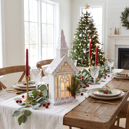 Light-Up White Iridescent Church – 36cm – styled in a room