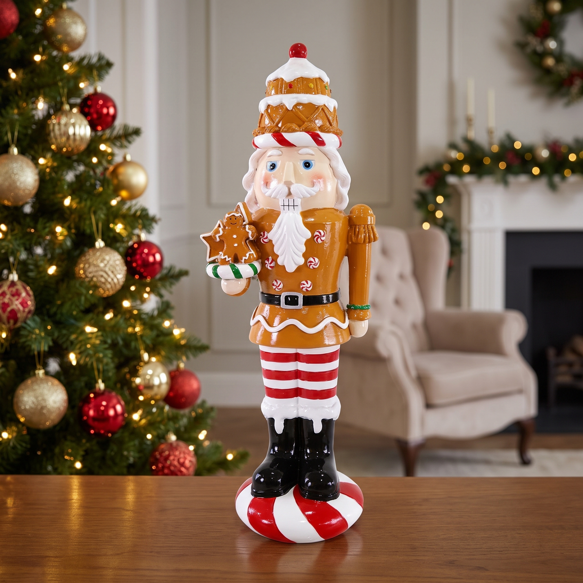 Gingerbread Nutcracker Figurine with Candy Cane Trousers – 35.5cm – styled in a room