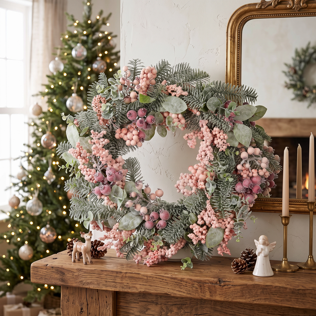 Luxe Blush Pink Cedar Christmas Wreath – 60cm – styled in a room