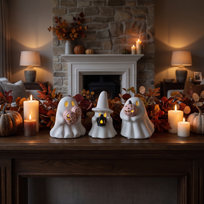 LED Ceramic Ghosts with Pumpkins & Lantern – Set of 3 – styled in a room