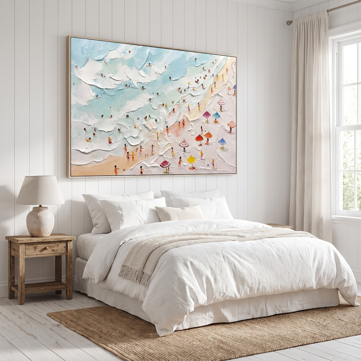 Sandy Shore Beige & Blue 3D Beach Canvas – Hand-Painted Coastal Art – styled in a room