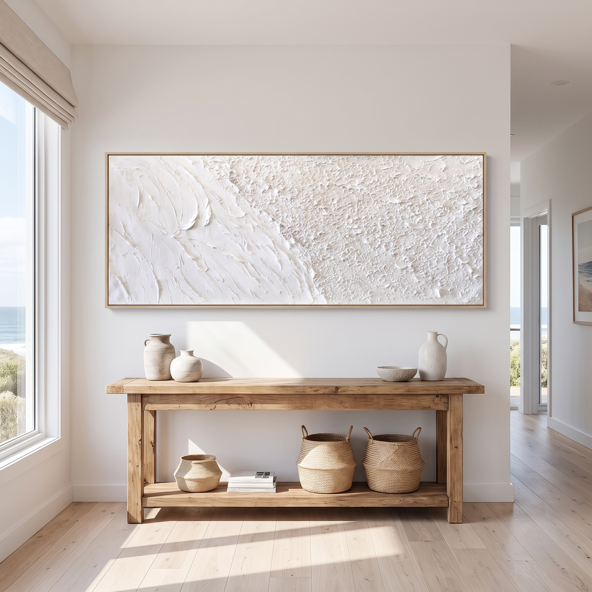 Waves & Sand White Textured Seascape Canvas – Hand-Painted Panoramic Art – styled in a room