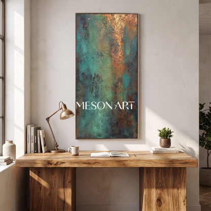 Verdant Bronze Green Abstract Canvas – Hand-Painted Tall Wall Art – styled in a room