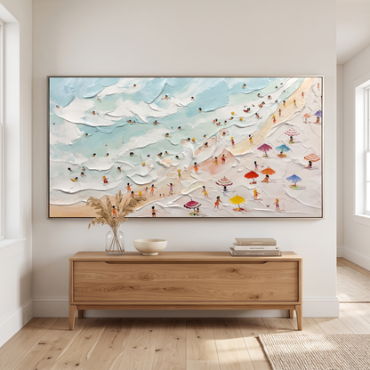Seaside Holiday Textured Beach Landscape Canvas – Hand-Painted Panoramic – styled in a room