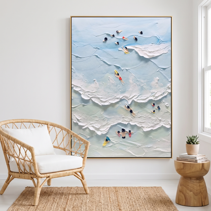 Beach Joy Blue & White Plaster Ocean Canvas – Hand-Painted Coastal Art – styled in a room