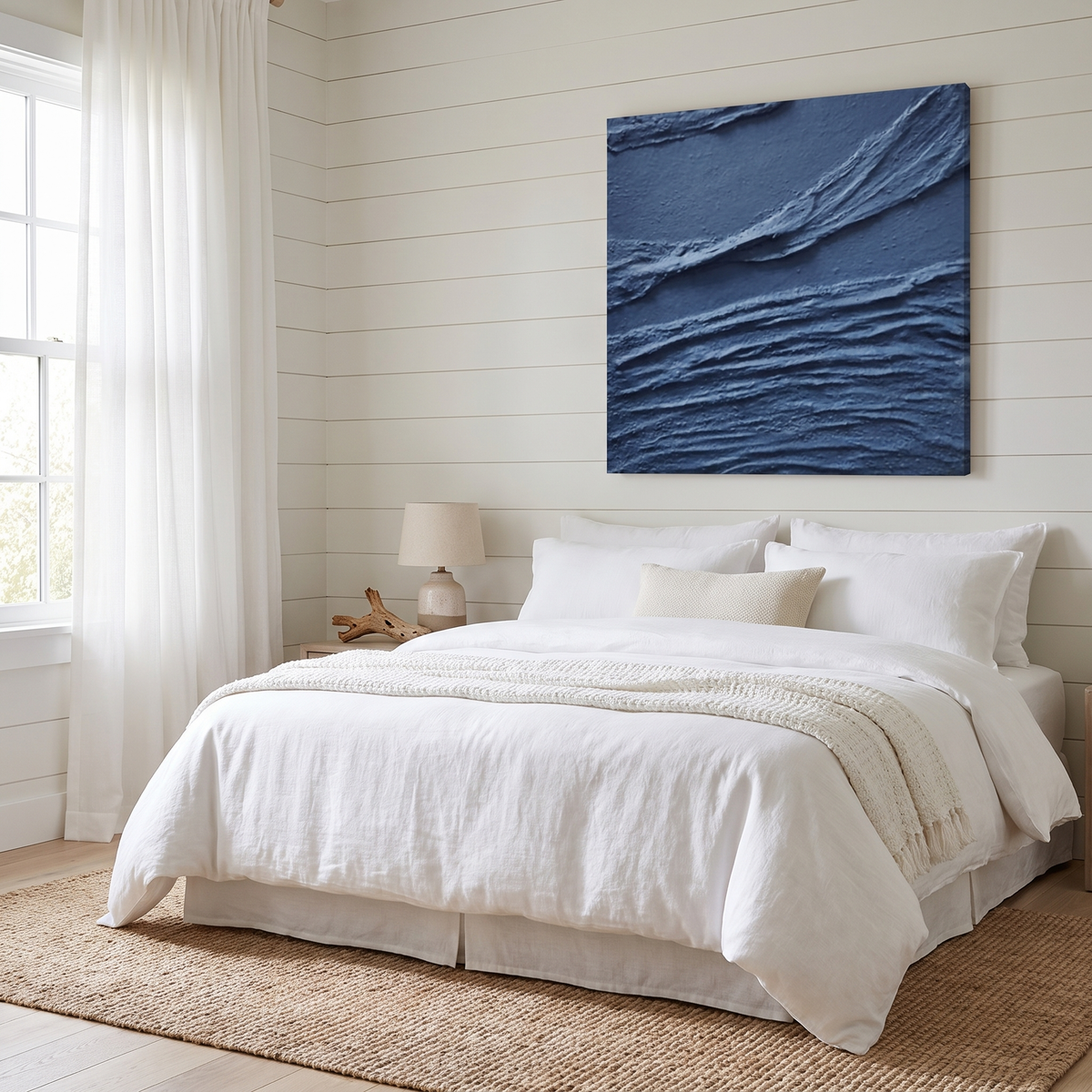 Azure Ripple Deep Blue Textured Ocean Canvas – Hand-Painted Wall Art – styled in a room