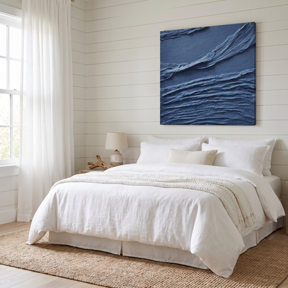 Azure Ripple Deep Blue Textured Ocean Canvas – Hand-Painted Wall Art – styled in a room