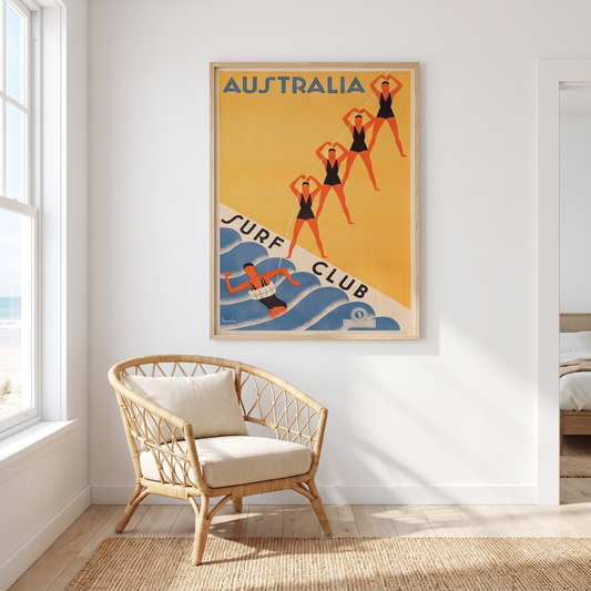 1930s Australian Surf Club Vintage Travel Poster – Framed Art Print – styled in a room