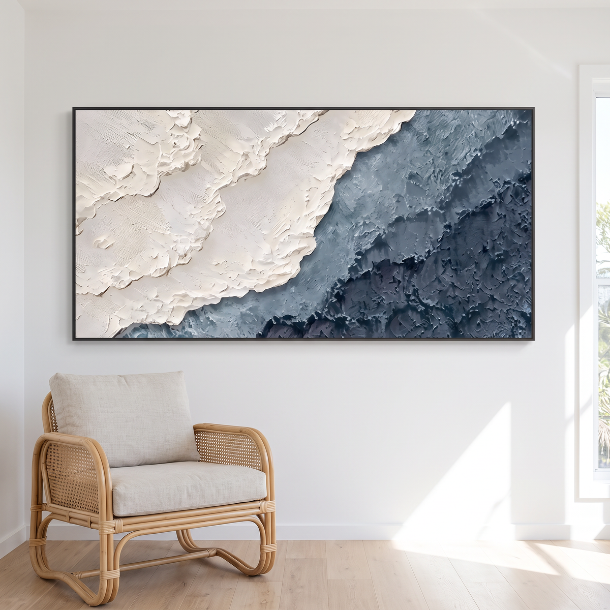 Abyssal Echoes Navy & Cream Textured Seascape Canvas – Hand-Painted – styled in a room