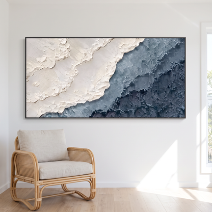 Abyssal Echoes Navy & Cream Textured Seascape Canvas – Hand-Painted – styled in a room