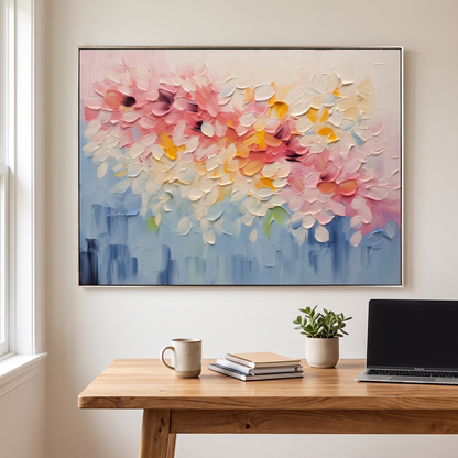 Petal Bloom Pink Textured Floral Canvas – Hand-Painted Wall Art – styled in a room
