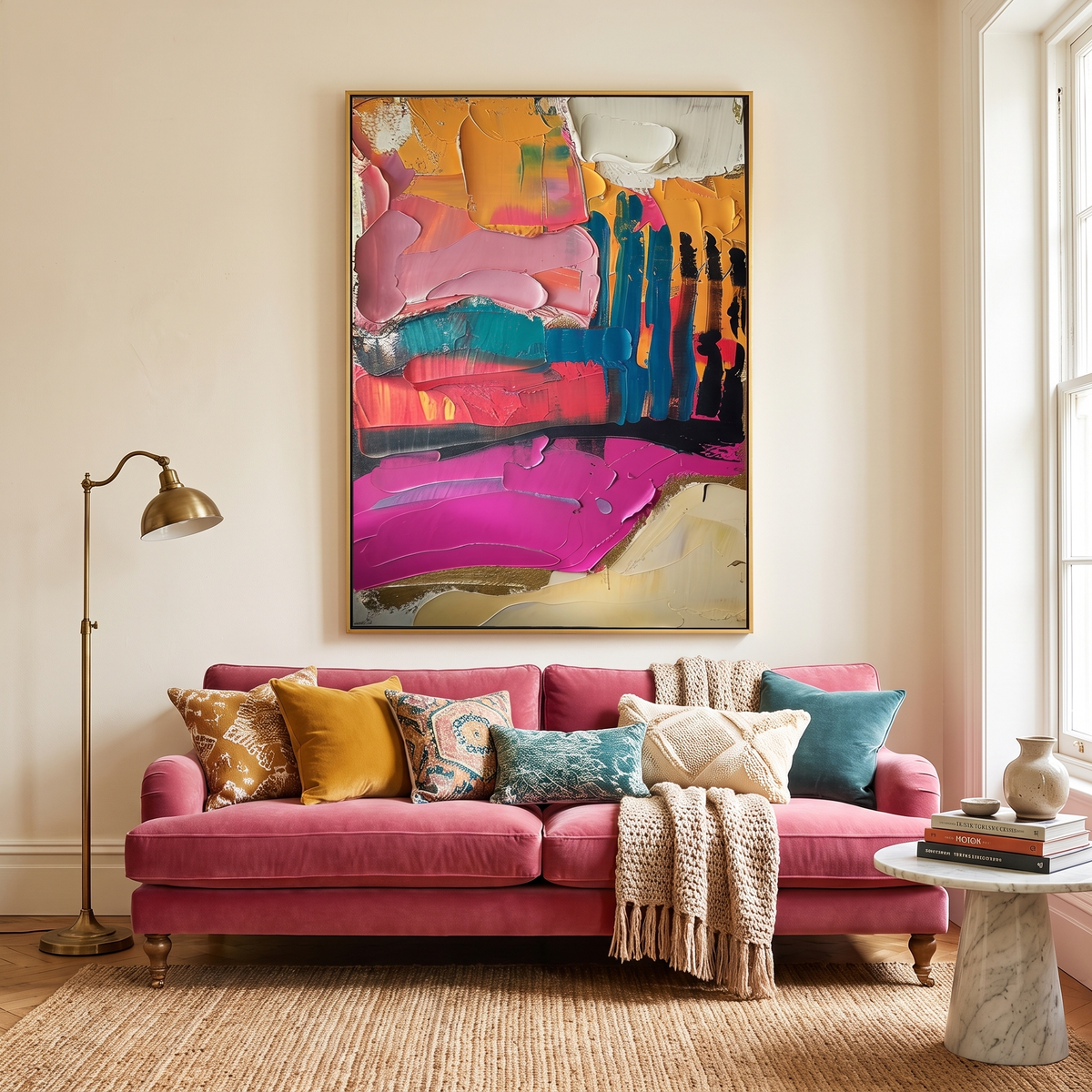 Blush Horizon Pink Textured Abstract Canvas – Hand-Painted Wall Art – styled in a room