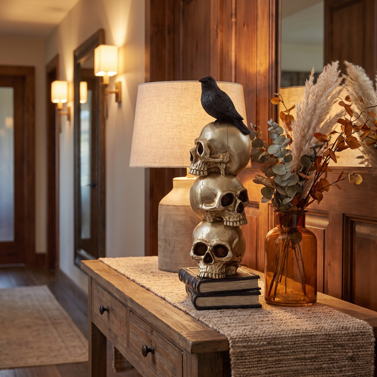 Gold Stacked Skulls & Crow Figurine – 41cm Gothic Resin Sculpture – styled in a room