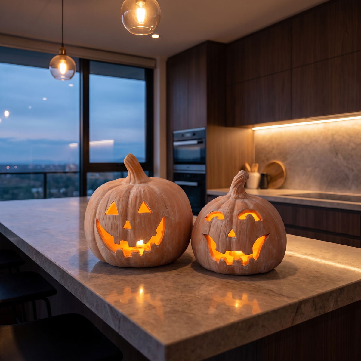 Large Terracotta LED Jack-o'-Lanterns – Set of 2 – styled in a room