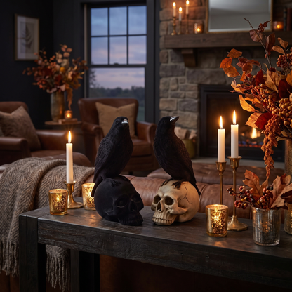Black Velvet Crows on Skulls Figurines – Set of 2 Gothic Decor – styled in a room