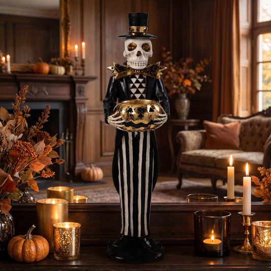 Black & Gold Skeleton with Gilded Jack-o'-Lantern Figurine – 33cm – styled in a room