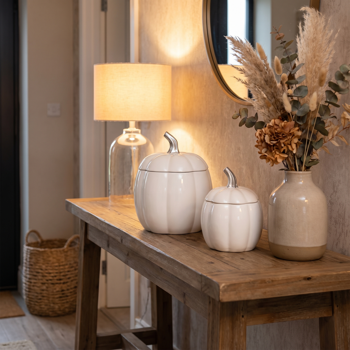 White Ceramic Pumpkin Storage Jars – Bundle – styled in a room