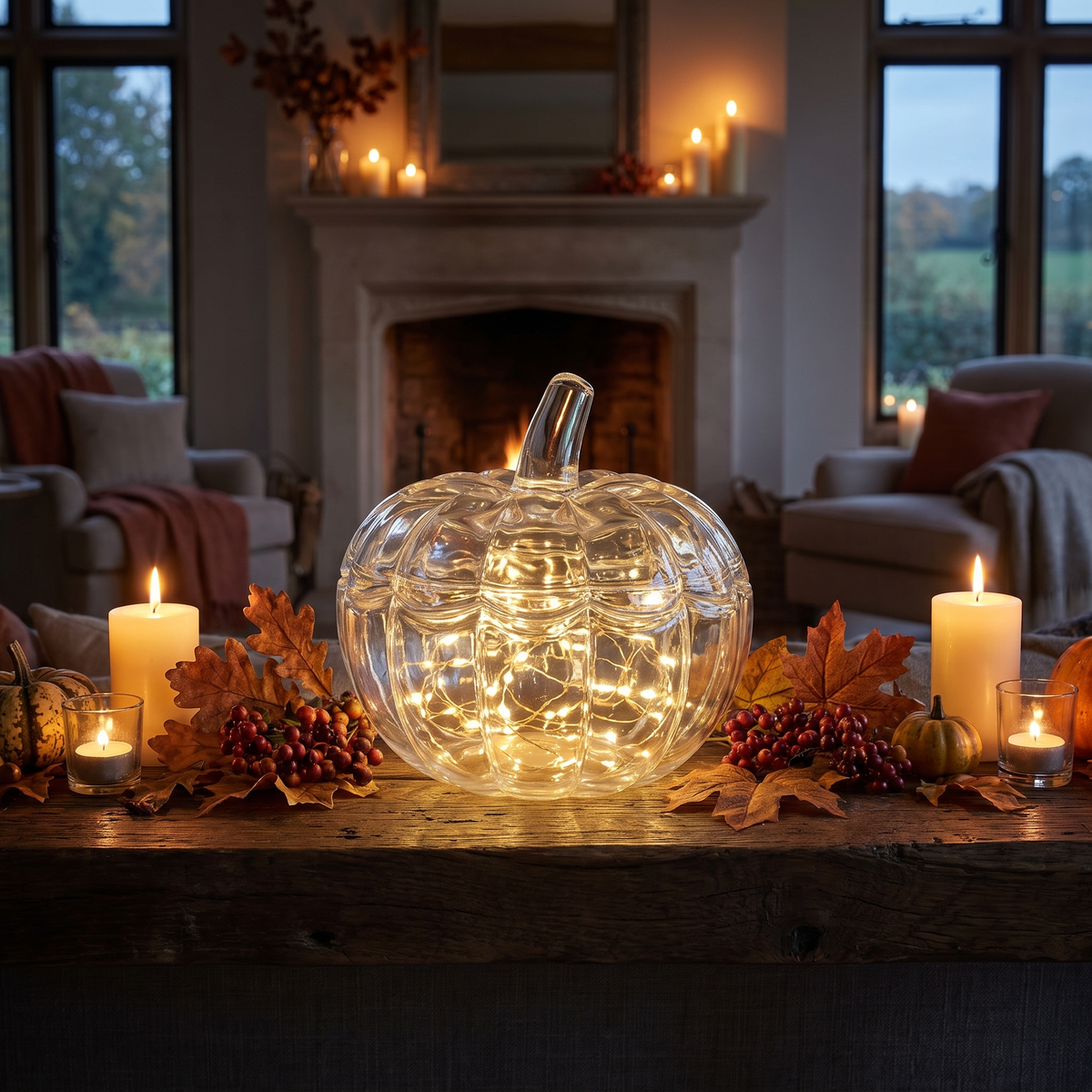 Large Lidded Glass Pumpkin Jar – Autumn & Halloween Table Decor – styled in a room