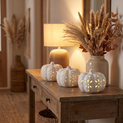 LED Ceramic Pumpkins – Set of 3 Glowing Halloween Decor – styled in a room