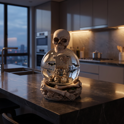 Skeleton & Tombstone Water Globe with Glitter Bats – 16.5cm – styled in a room