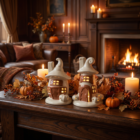LED Ceramic Witch's House – Cream & Terracotta – styled in a room