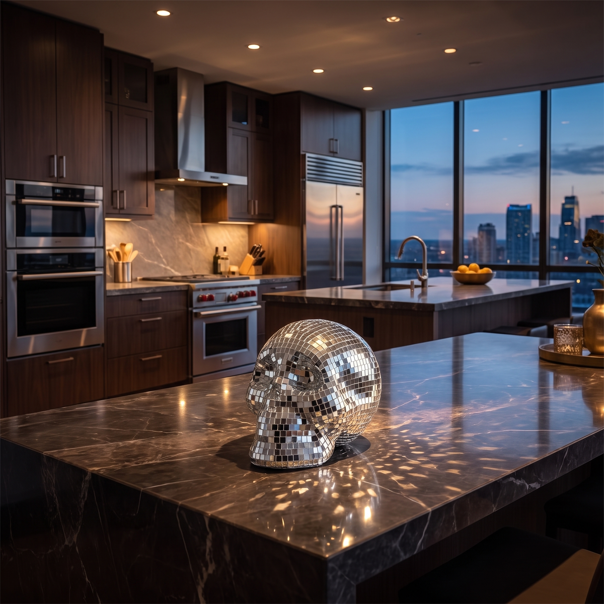 Mirror-Finish Skull Ornament – 14cm Halloween Decor – styled in a room
