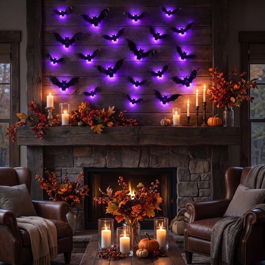 Purple LED 3D Bat Wall Decals – Set of 24 – styled in a room