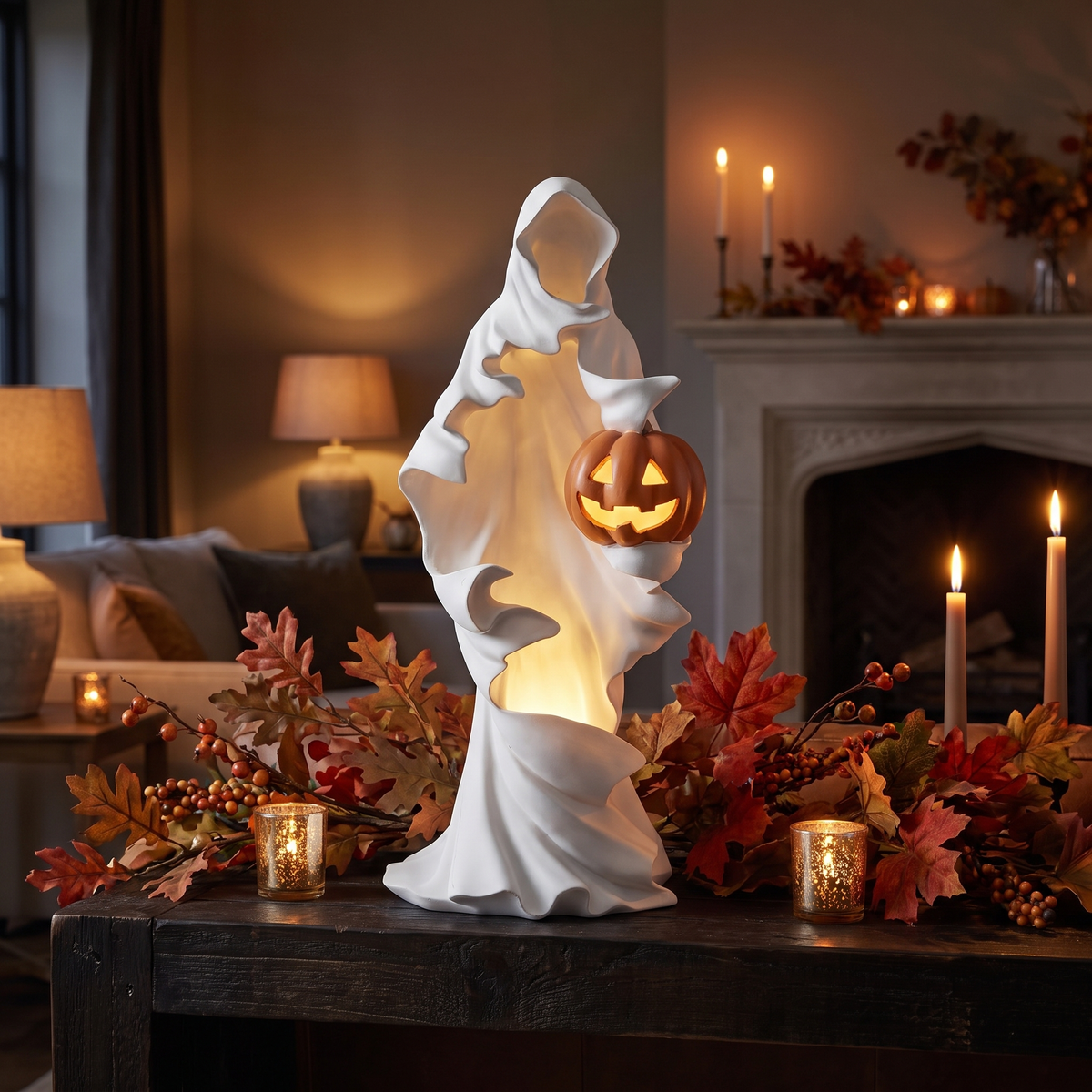White Draped LED Ghost Holding Jack-o'-Lantern – 51cm with Timer – styled in a room