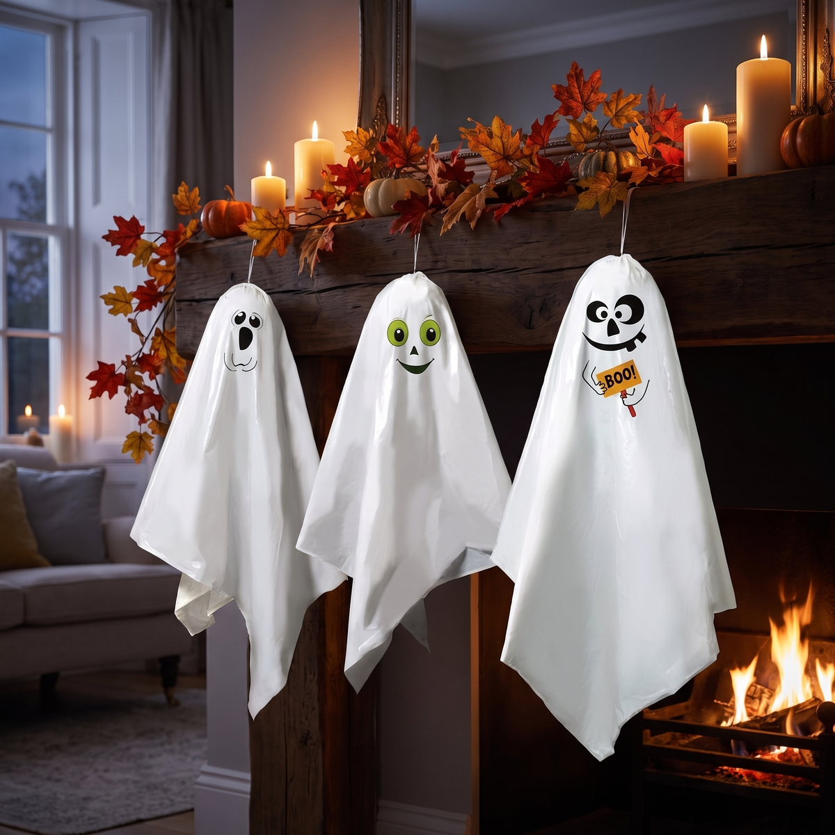 Hanging Fabric Ghosts – 63cm, Set of 3 – styled in a room