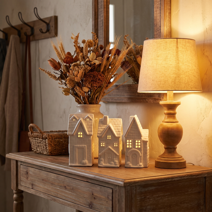 Large LED Ceramic Autumn Houses – Set of 3 – styled in a room