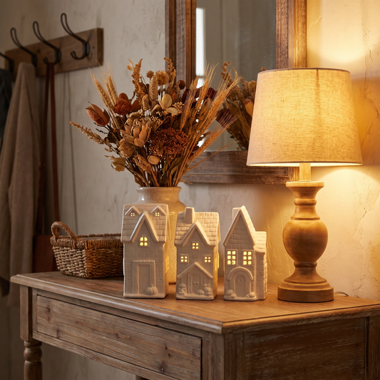 Large LED Ceramic Autumn Houses – Set of 3 – styled in a room