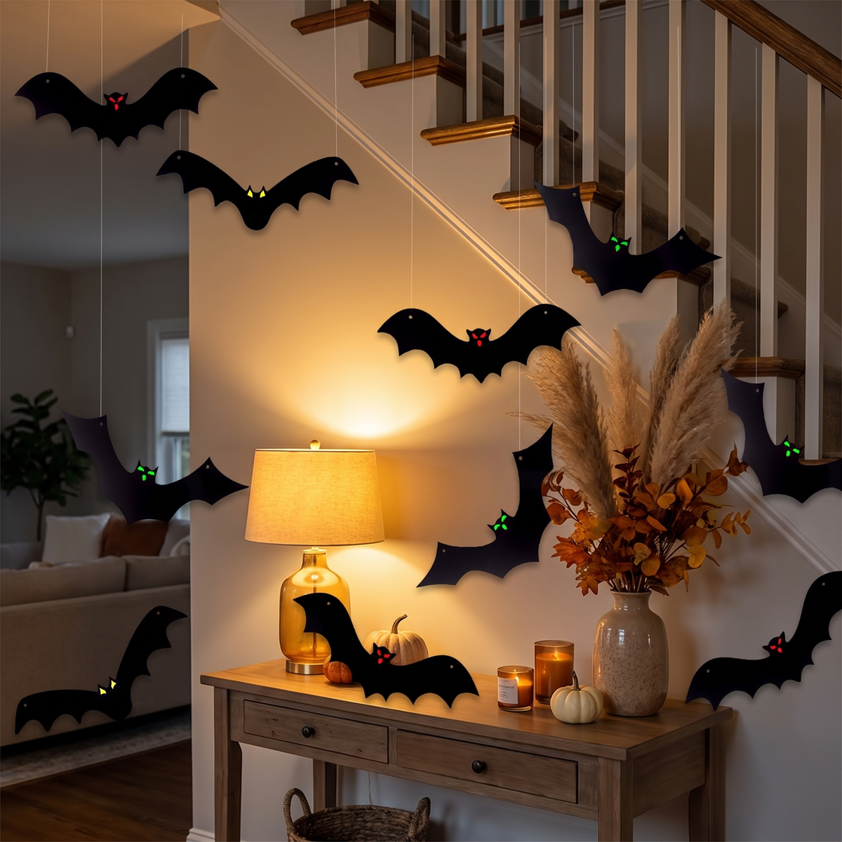 Hanging Bats with Glow-in-the-Dark Eyes – Set of 12 – styled in a room