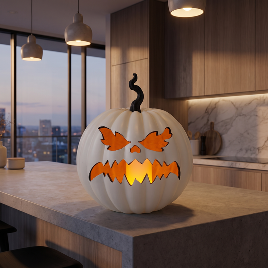 White Resin Flicker-Flame LED Jack-o'-Lantern – 39cm – styled in a room