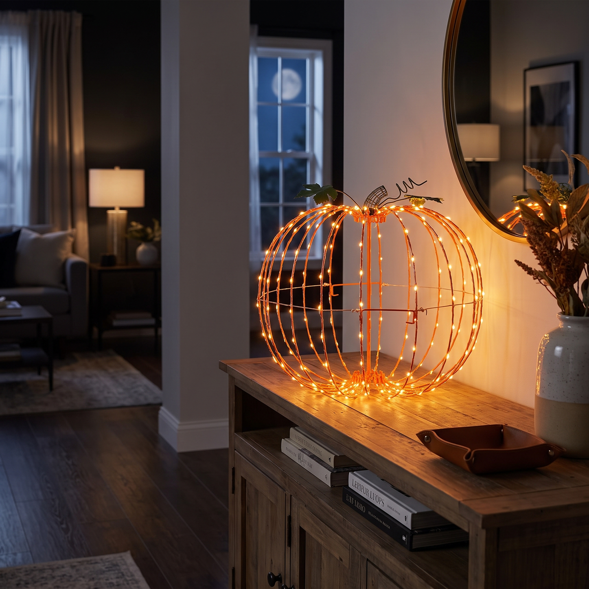 Foldable LED Wire Pumpkin – 35cm, 216 Orange Lights – styled in a room