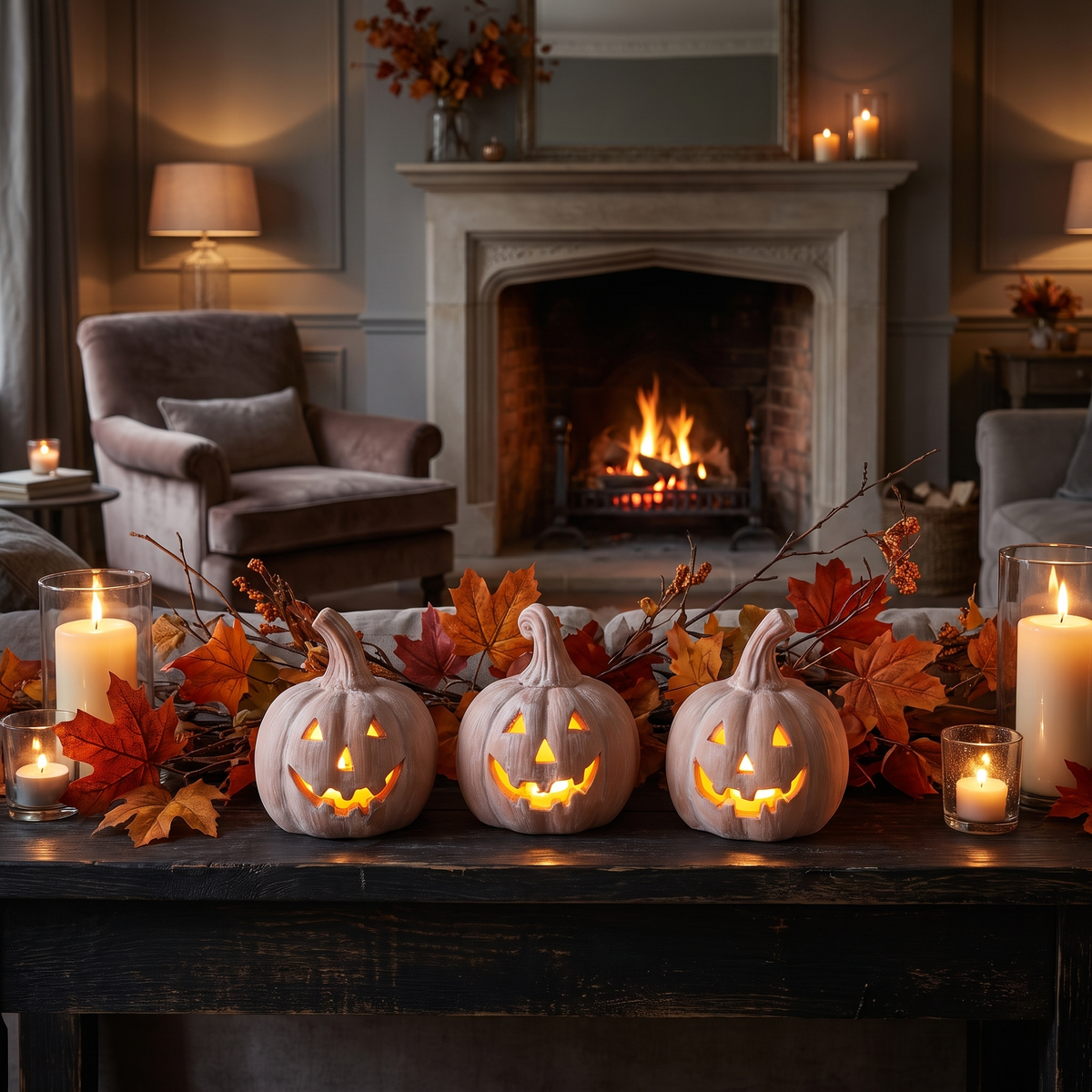 Mini Terracotta LED Jack-o'-Lanterns – Set of 3 – styled in a room