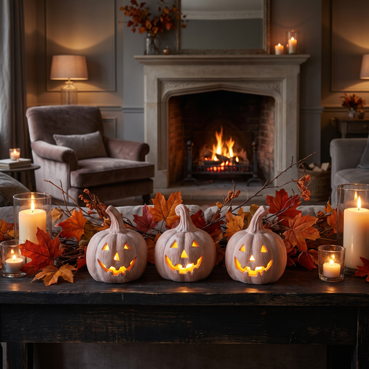 Mini Terracotta LED Jack-o'-Lanterns – Set of 3 – styled in a room