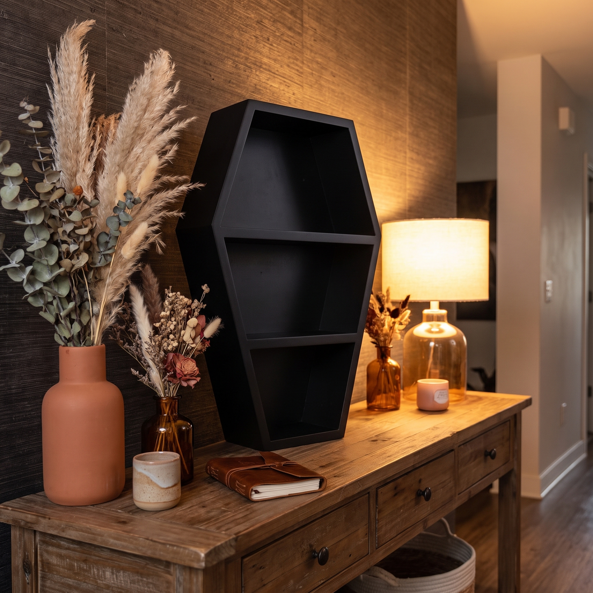 Memento Mori Black Coffin Shelf – 35cm Gothic Wall Display – styled in a room