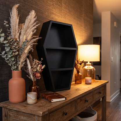 Memento Mori Black Coffin Shelf – 35cm Gothic Wall Display – styled in a room