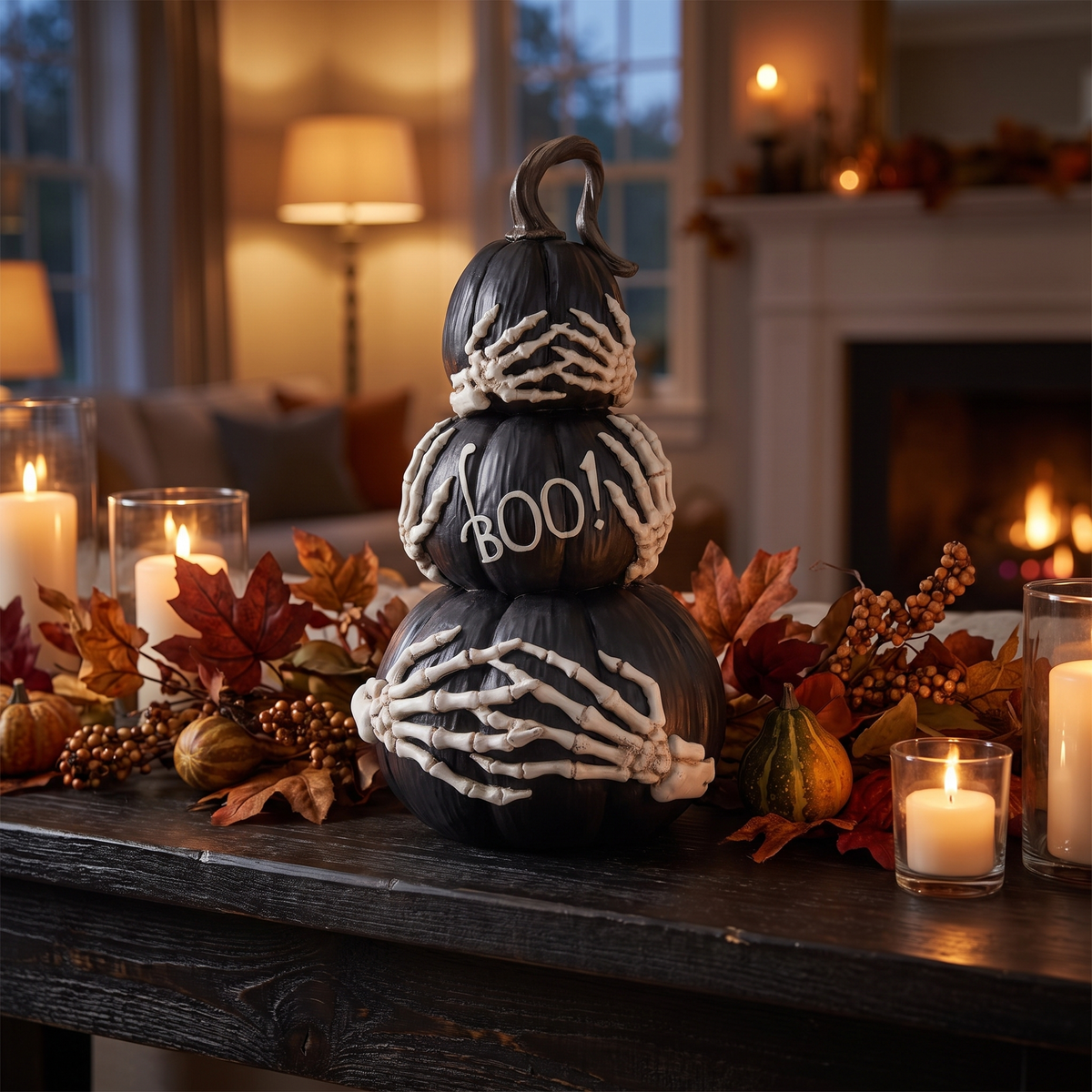 Black Stacked BOO Pumpkins with Skeleton Hands – 37cm – styled in a room