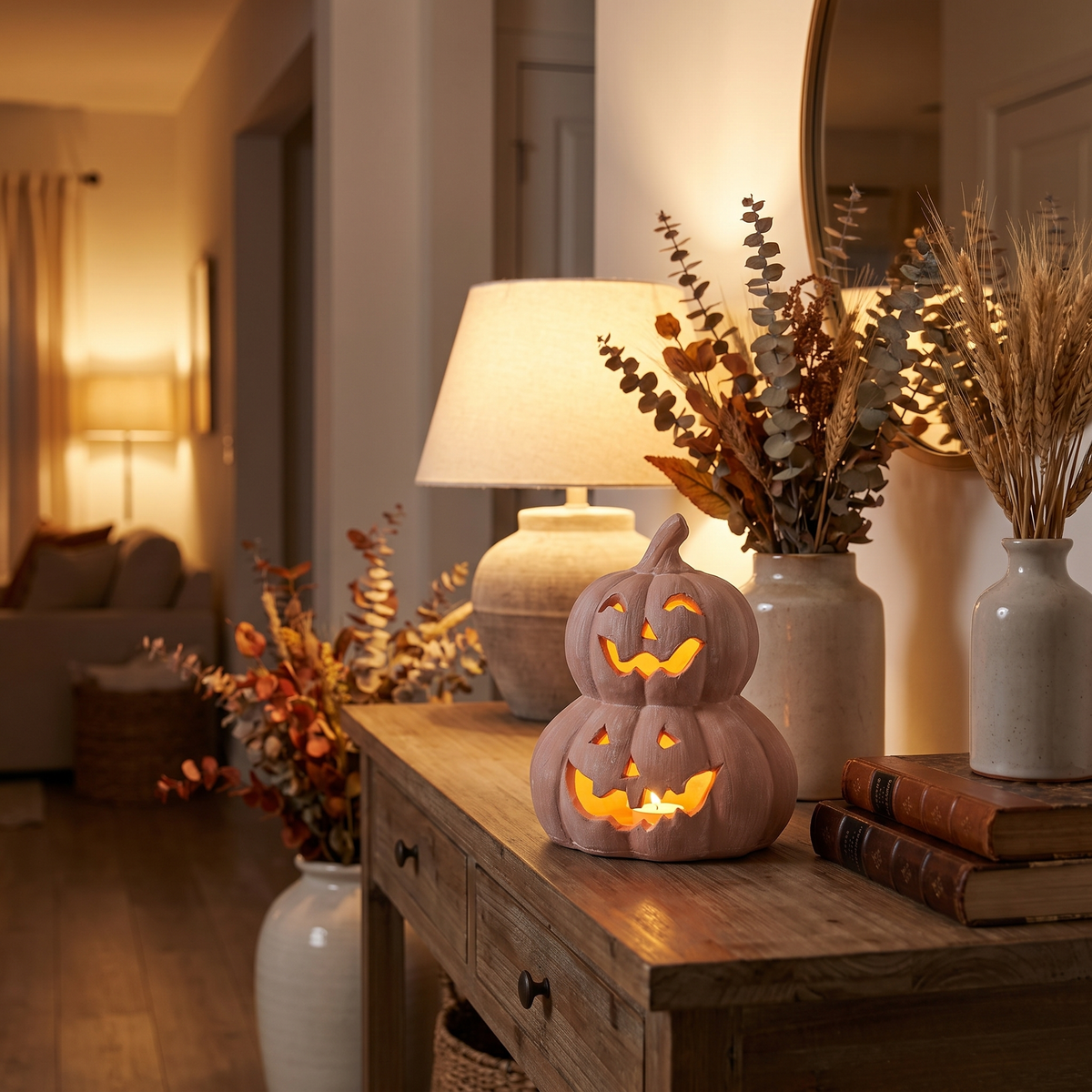 Stacked Terracotta LED Jack-o'-Lantern – Halloween Table Decor – styled in a room