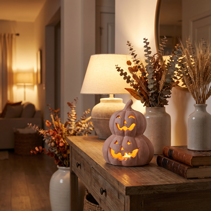 Stacked Terracotta LED Jack-o'-Lantern – Halloween Table Decor – styled in a room
