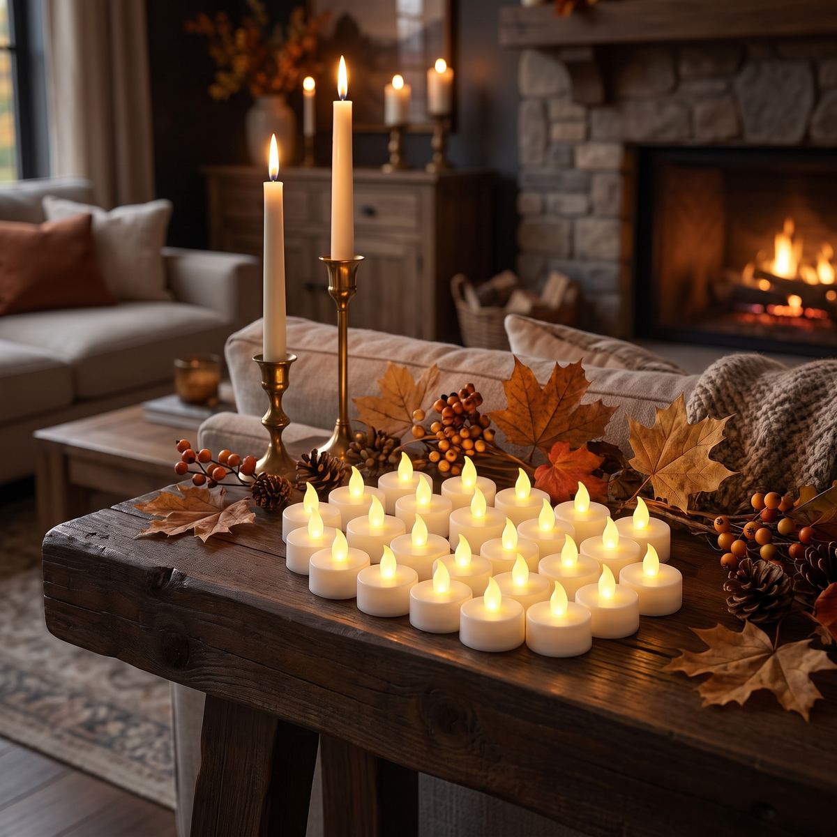 Flickering LED Tea Lights – Pack of 24 Flameless Candles – styled in a room