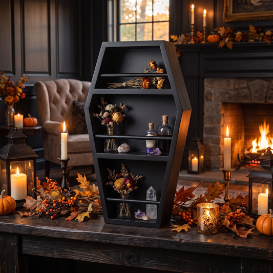Mausoleum Coffin Organiser – 44cm Gothic Wall or Vanity Shelf – styled in a room