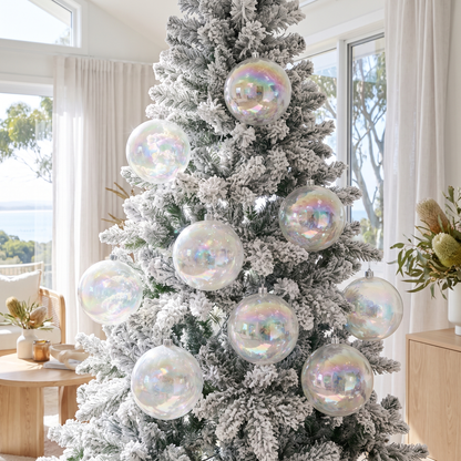 White Iridescent Christmas Baubles – 8 Pack, 12cm – styled in a room