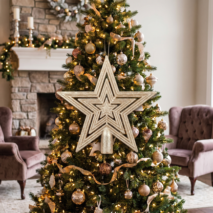 Small Champagne Glitter Star Tree Topper – 14.5cm – styled in a room