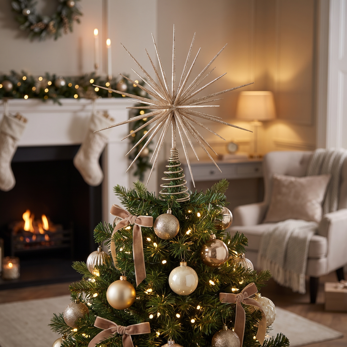 Champagne 3D Starburst Christmas Tree Topper – 30cm – styled in a room