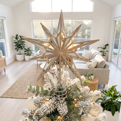 Champagne Mirrored 9-Point Star Tree Topper – 31cm – styled in a room