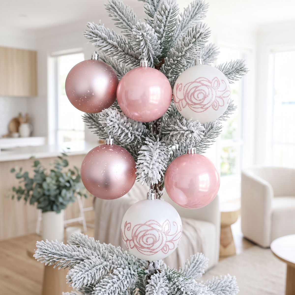 Baby Pink & Pearl Christmas Bauble Pack – 8cm – styled in a room
